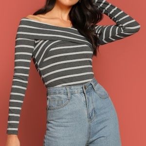 Grey Striped Criss Cross Detail Top
